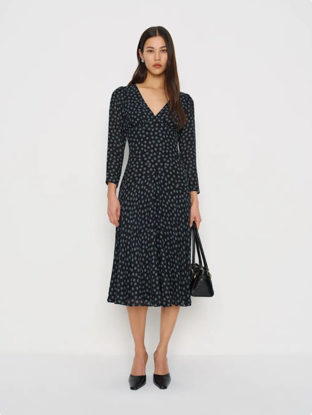NWT Reformation Maureen Dress Black in Cosmic Dot - Size 8
